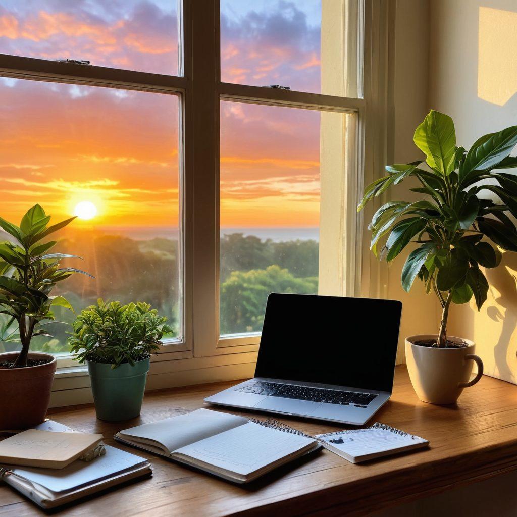 A serene workspace with a glowing laptop displaying a blog post titled 'Transform Your Life'. Surround it with wellness elements such as a potted plant, a cup of herbal tea, a notepad with handwritten strategies, and an open book on personal development. The background should demonstrate a calming sunrise through a window to symbolize new beginnings. super-realistic. vibrant colors. 3D.