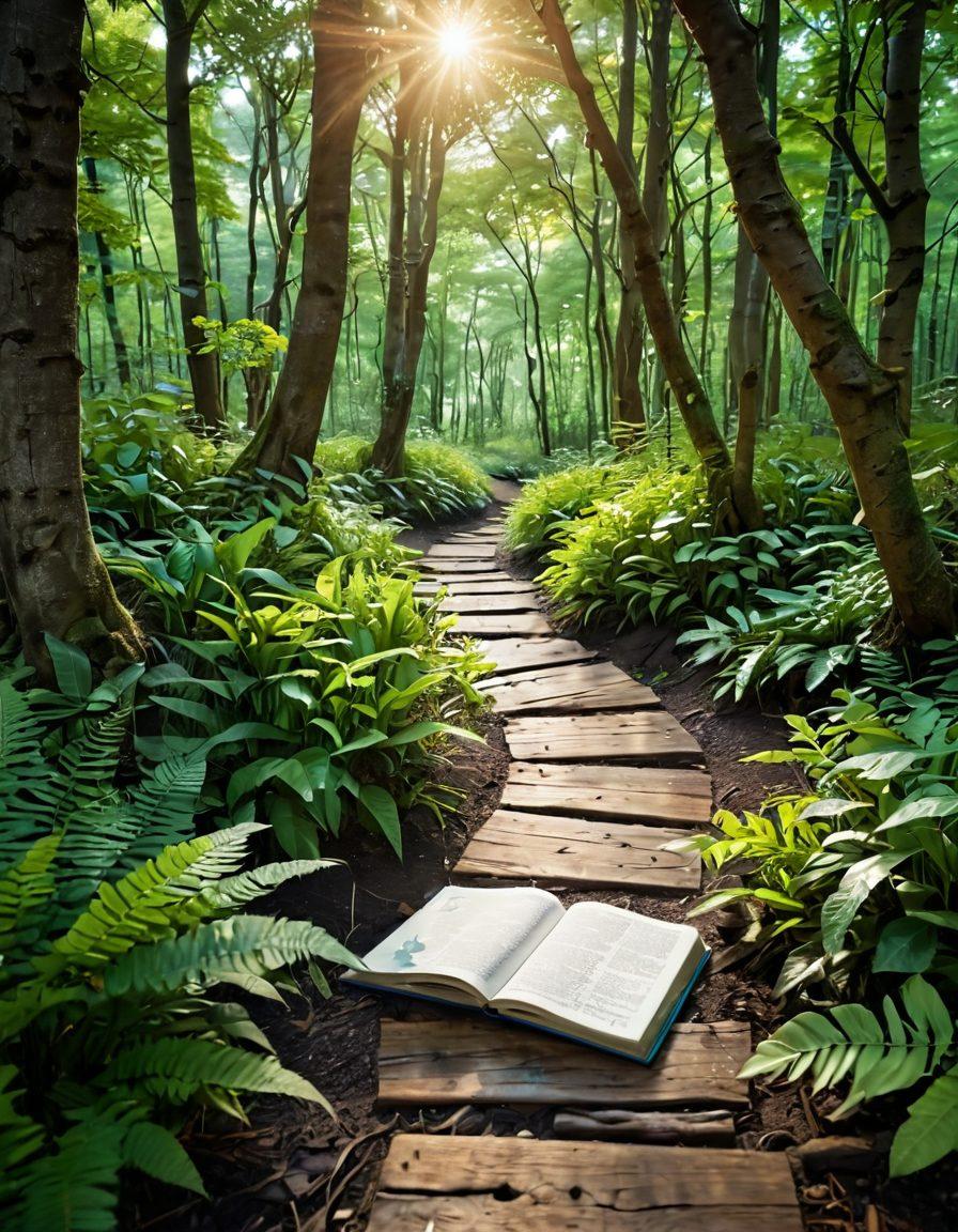 A serene landscape showcasing a winding path through a lush forest, symbolizing personal growth. Along the path, there are vibrant signposts representing various aspects of living such as creativity, mindfulness, and resilience. Sunlight filters through the leaves, casting a warm glow on an open notebook, inviting readers to jot down their thoughts. Include elements of nature like blooming flowers and fluttering butterflies for a sense of transformation. super-realistic. vibrant colors. natural lighting.
