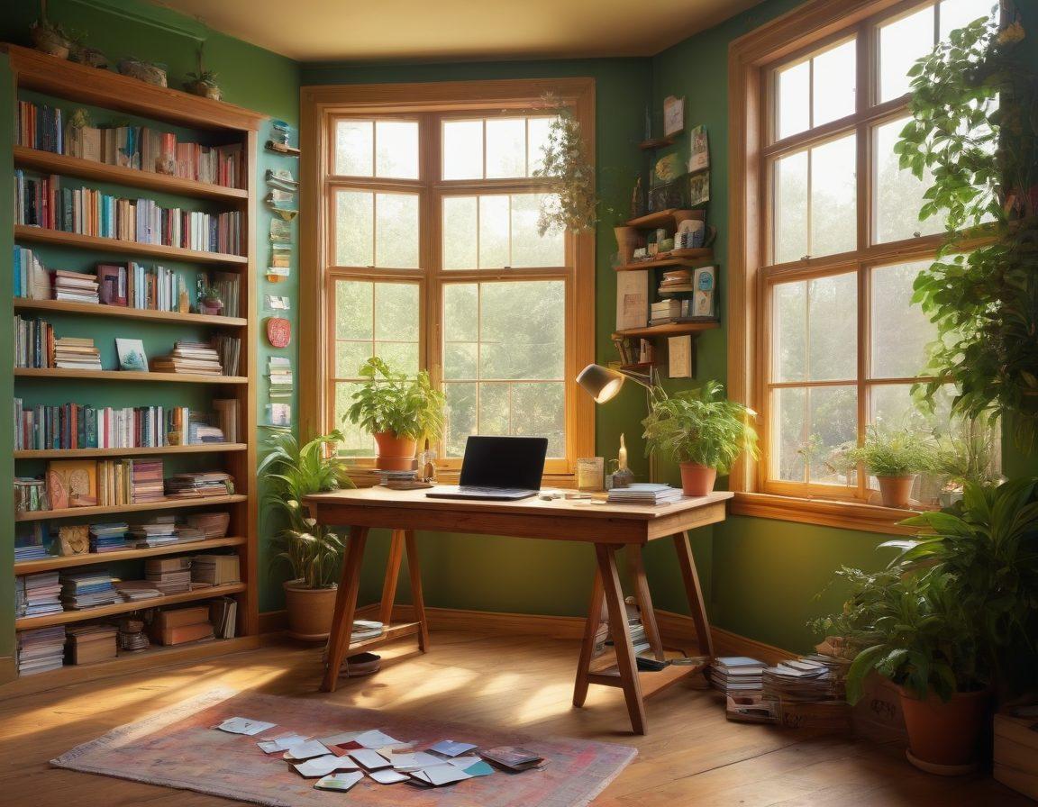 A dynamic scene of a writer at a vintage wooden desk, surrounded by scattered notes, vibrant art supplies, and an open laptop displaying a blog interface. Inspirational quotes float around in a whimsical font, and a warm sunlight streams through a nearby window, casting a golden glow. The background features a lush, green plant and colorful bookshelves filled with diverse genres. super-realistic. vibrant colors. warm atmosphere.
